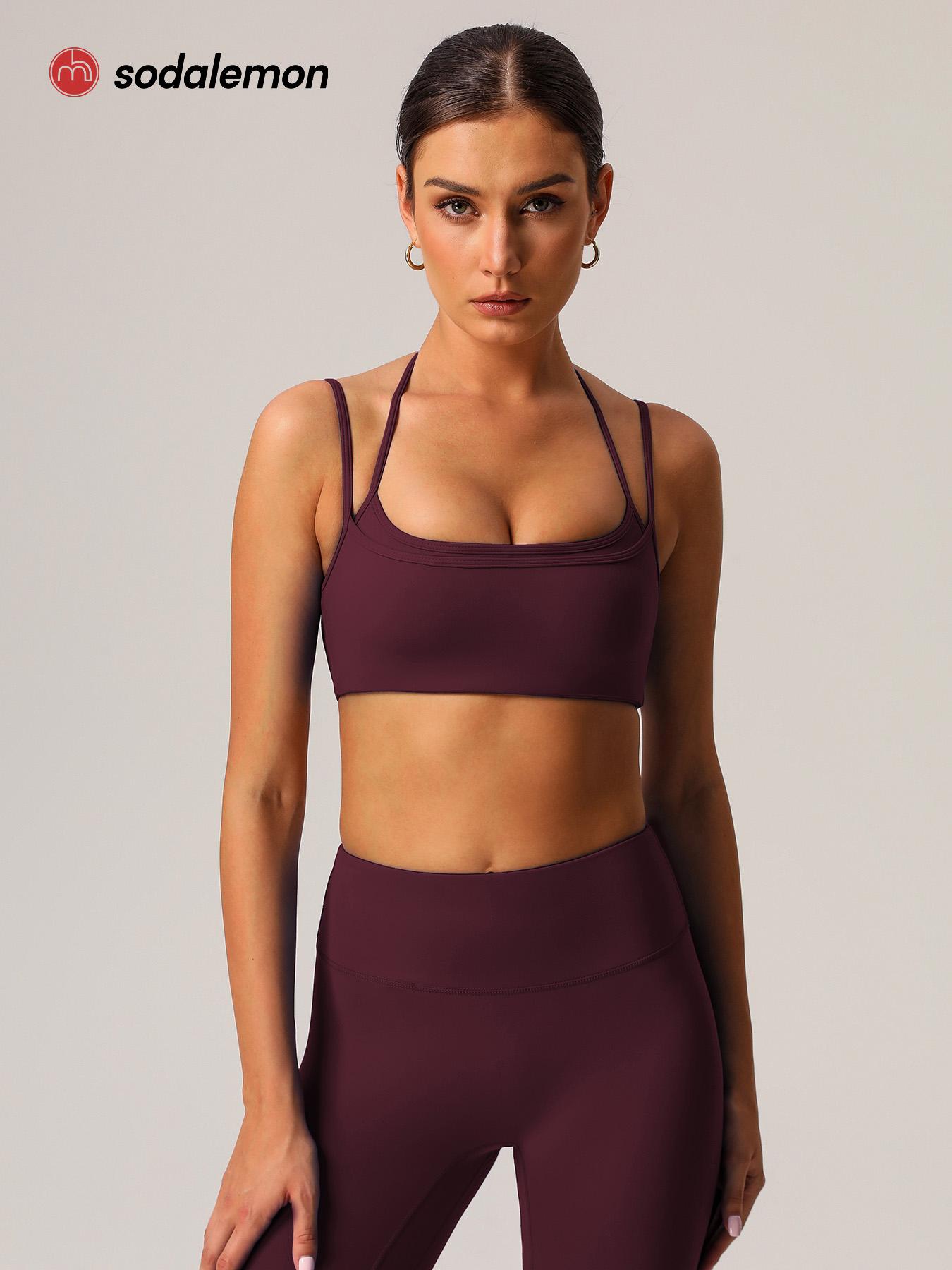 Sodalemon Women double layered-strap scoop-neck yoga sports bra, cropped open-back workout top, outdoor Pilates fitness sports bra