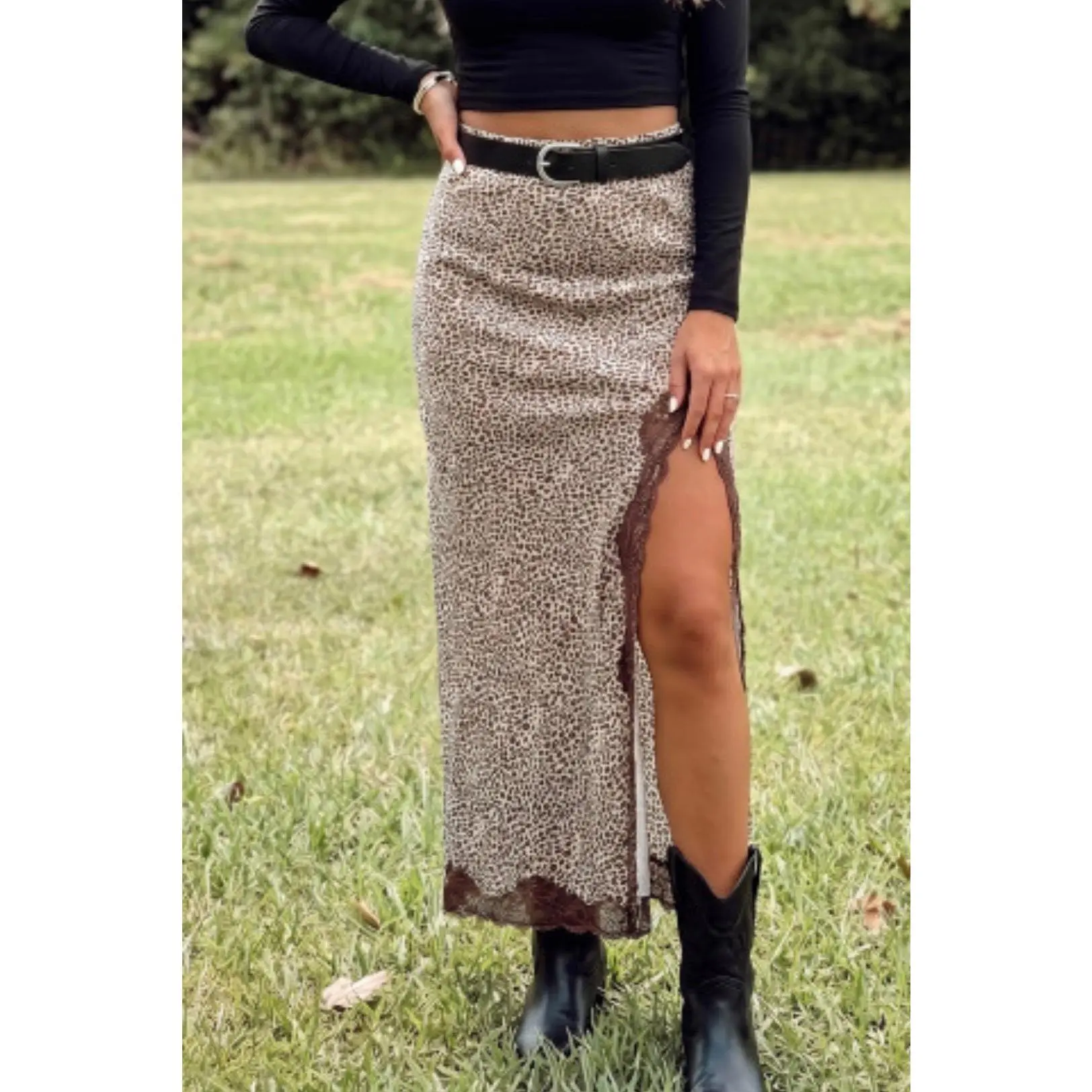 Brown Cheetah Print Trim Split Long Western Skirt