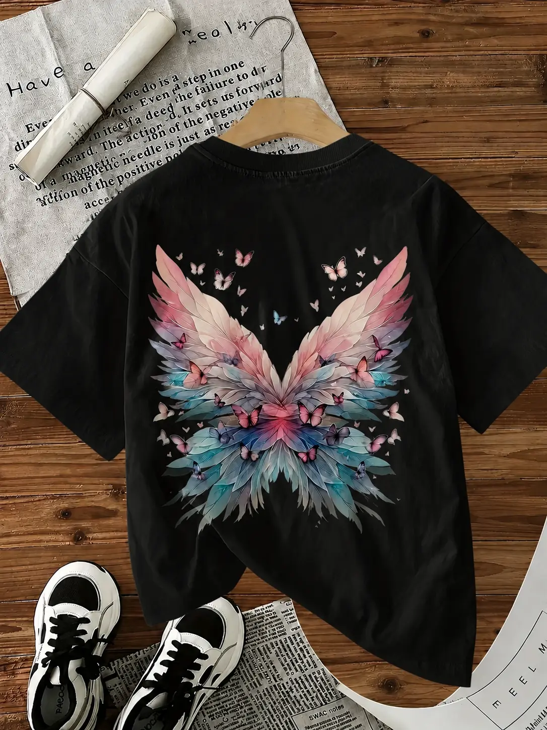 Women's Angel Wing Graphic T-Shirt, Fairycore Boho Style Cotton Top with Pastel Butterfly Print, Casual Round Neck Tee for Summer, Angel Print Tee, Shortsleeve, Vibe, Chic, Breathable Cotton