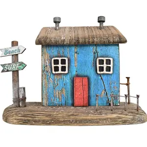 Wood Miniature House Nautical Beach Table Sculptures Home Decor, Small Wooden House Figurine Garden Ornament Summer Beach Mini House Statue with Beach Surf Sign