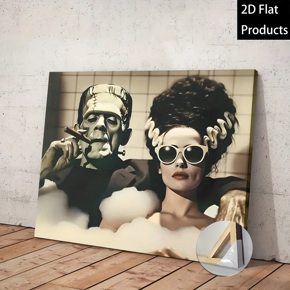 2D Flat, Wooden Framed Canvas Wall Art - Frankenstein & Bride Gothic Horror Art Print, Premium Quality Ready-to-Hang 2D Flat Canvas Painting for Living Room, Bedroom, Office - Vintage Horror Decor, Farmhouse Wall Art, Easter Home Gift, 2D Flat