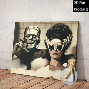 2D Flat, Wooden Framed Canvas Wall Art - Frankenstein & Bride Gothic Horror Art Print, Premium Quality Ready-to-Hang 2D Flat Canvas Painting for Living Room, Bedroom, Office - Vintage Horror Decor, Farmhouse Wall Art, Easter Home Gift, 2D Flat