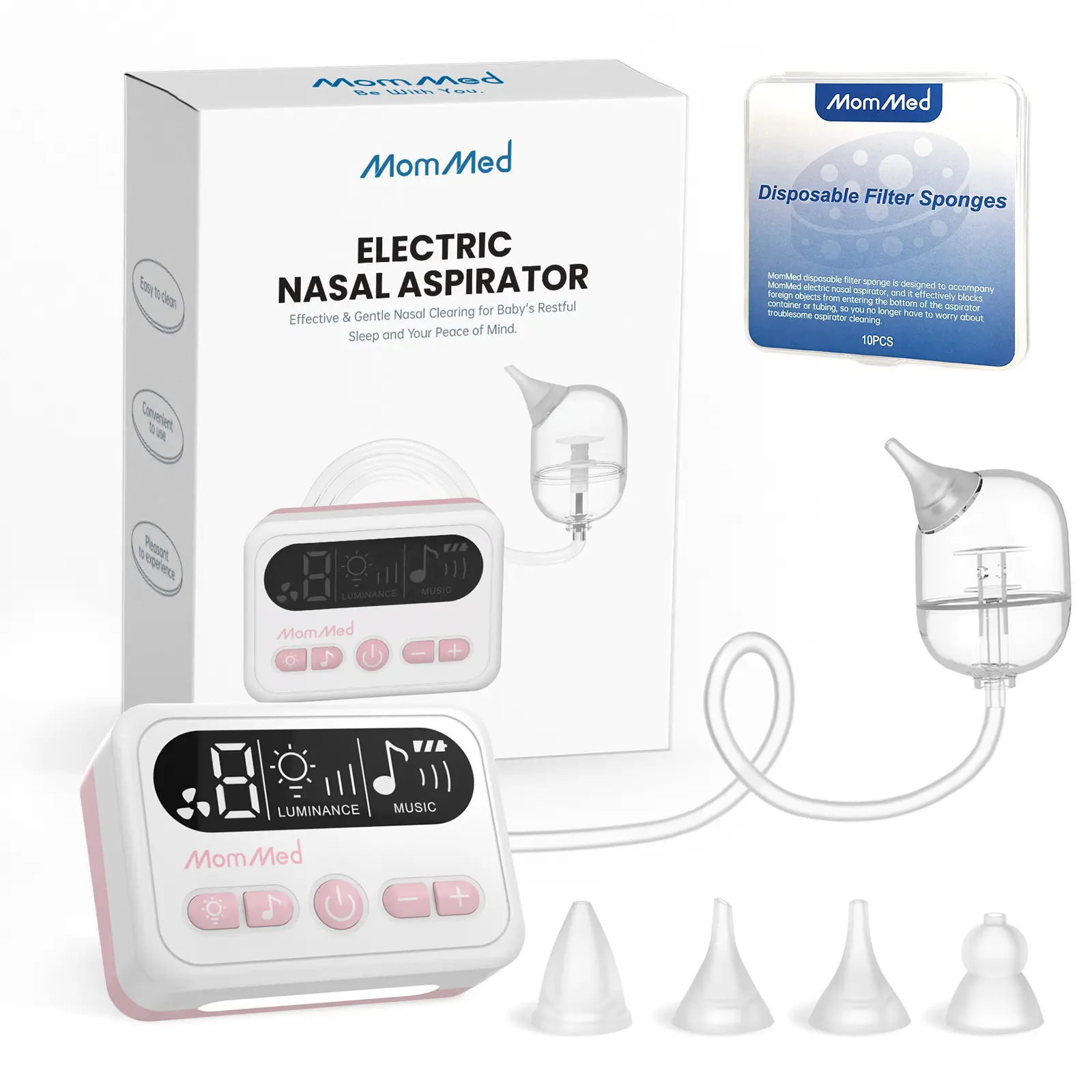 MomMed Baby Nasal Aspirator for Newborns and Infants, Portable Electric with 9 Suction Levels, Soothing Music, Light, and 4 Silicone Tips, Music And Light