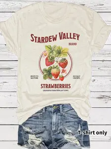 Women's Strawberry Print Round Neck Tee, Casual Fashion Short Sleeve T-shirt for Summer, Ladies Clothes for Daily Wear, Top