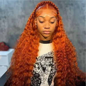 Ginger Orange Curly Lace Front Wigs Human Hair Deep Wave HD Transparent Pre Plucked Curly Wigs Orange Colored Glueless Wig With Baby Hair for Women 180% Density