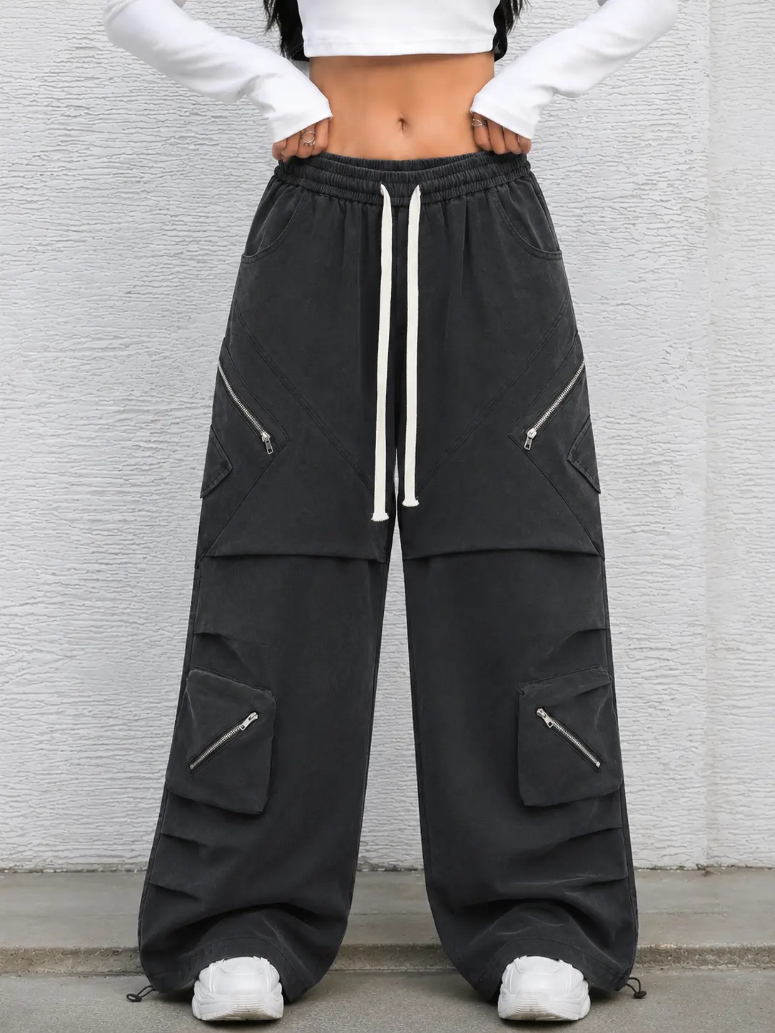 Flooo Women's Loose Wide Leg Cargo Pants - Casual Streetwear Joggers with Elastic Waistband, Drawstring & Multi Zipper Pockets, Adjustable Utility Parachute Trousers for Street Style