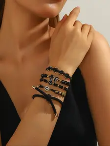 5 Piece Punk Style Evil Eye Butterfly Bracelet Set, Multi-Layer Design, Stackable Bracelets, Unisex Fashion Jewelry for All Seasons