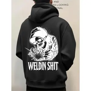 Funny Welder Hoodie Skeleton Welding Graphic Sweatshirt - Weldin Shit Humor Apparel for Men Women, Flame Resistant FR Pullover with Pocket, Welder Gifts Dad Birthday Christmas, Black Hooded Unisex Jumper