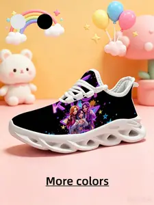 Kids Style 1 Pair Soft Elastic Thick Sole Breathable & Lightweight Sneakers, Children's Day Gift, Versatile for Daily Wear, Trendy Idol Print, Cool Black Neon Girl Group Style Casual Shoes, Thick Soled Trainers