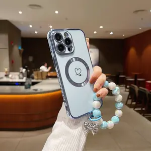 Magnetic Side Hollow Out Double Heart Pattern Phone Case with Laser Chain, Phone Protective Cover, Phone Accessories Compatible with iPhone 12 13 14 15 Pro Max, Casing