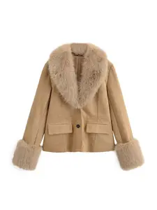 Women's Lapel Long Sleeve Colorblock Faux Fur Jacket, Front Pocket Button Closure, Stylish Artificial Leather Coat for Fall & Winter