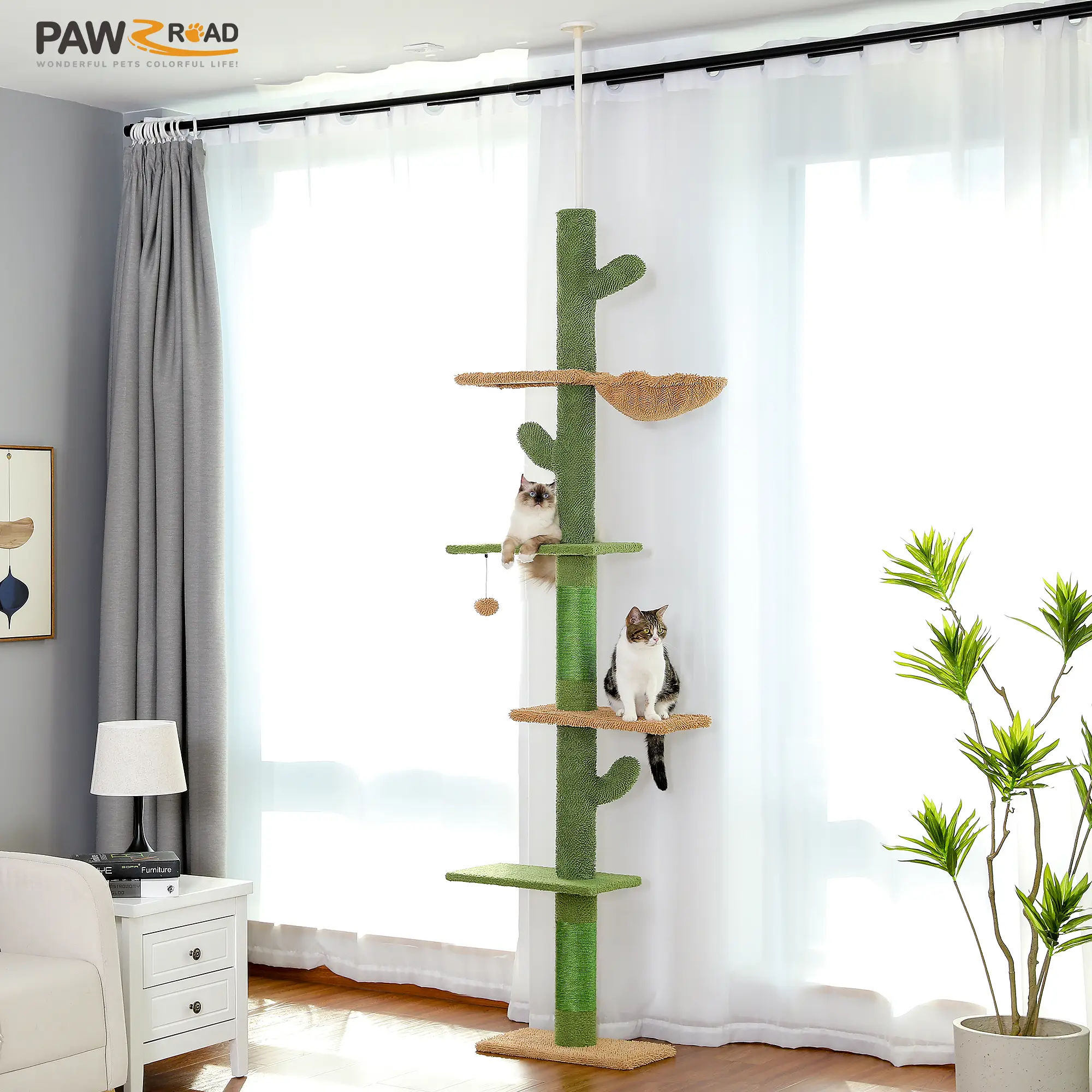 PAWZ Road Cactus/Gothic/Wood Cat Tree Floor to Ceiling Cat Tower with Adjustable Height, 5 Tiers Cat Climbing Activity Center with Cozy Hammock, Platf