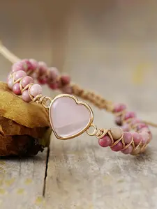 Hand Woven Bohemian Style Double Layered Bead Pink Crystal Heart-shaped Adjustable Bracelet for Men and Women, Ethnic Style Leisure Vacation Bracelet Gift