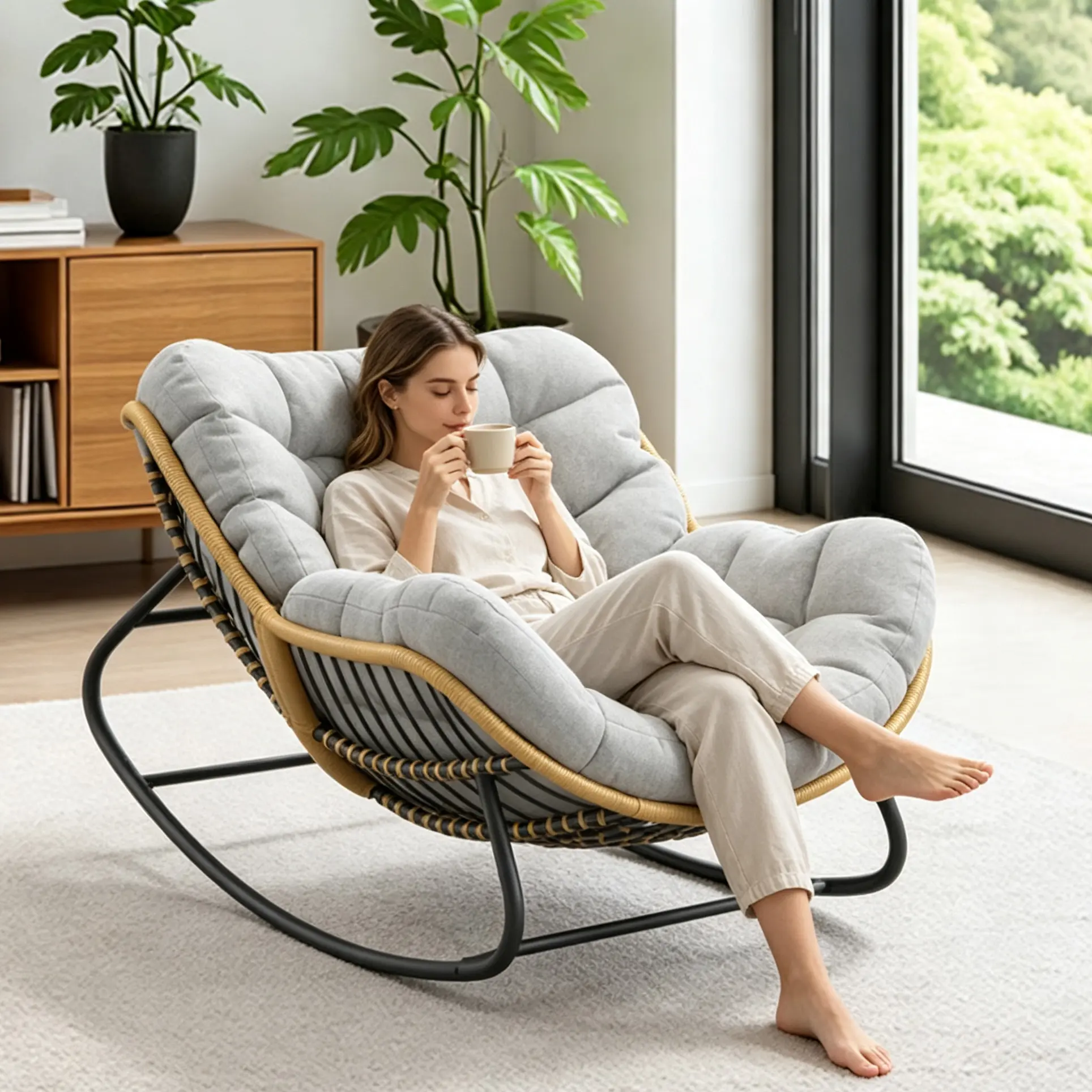 Grey Oversized Papasan Rocking Chair with Padded Cushion - All-Weather Wicker Rattan Lounge Chair for Indoor, Balcony, Living Room