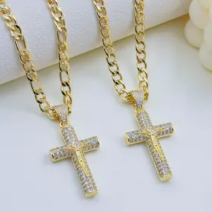 14K gold-plated, Cuban chain, Figaro, Miami cross, Jesus Christ cross, 24-inch length, 6mm width, everyday wear necklace.