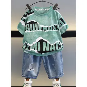 Two-Piece Boys' Summer Set |   Trendy Brand Letter-Dyed Short-Sleeved T-Shirt and Ripped Faux Denim Mid-Length Shorts |   Casual Style with Alphabet Pattern and Crew Neck, for Outdoor