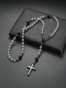 1pc Simple Imitation Crystal Round Bead Cross Pendant Necklace, Unisex Rosary Charm, Casual Fashion Jewelry Accessory