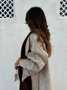 Beige Linen-Blend Open Abaya with Pearl Cuff Buttons, Casual Modest Muslim Kimono Outerwear