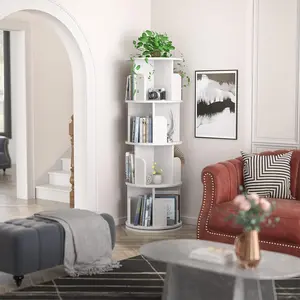New 360 Degree Rotating Bookshelf-4 Tier Floor Standing Bookcase, Tall Book Storage Rack for CDs/Movies/Books, Corner Bookshelf, Utility Book Organizer Shelves for Bedroom Living Room Home Office (White