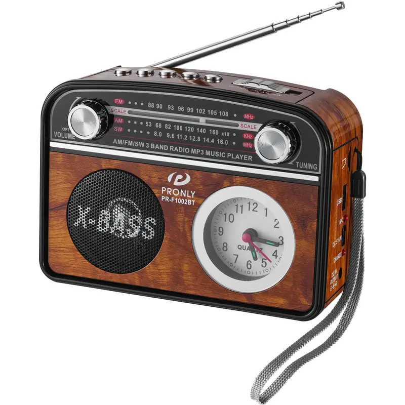 PRONLY Retro Portable Compact Digital AM/FM Radio - Bluetooth Emergency Device with Clock, Flashlight, USB/MicroSD Playback, Rechargeable Battery, Speaker, Local Support, 16.3 × 11.6 × 6 Cm Portable Charger for Camping Backup, Holidays, Parents