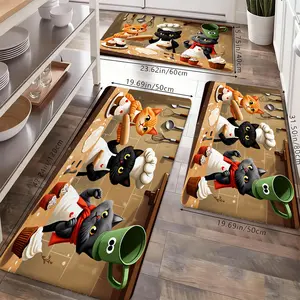 Cute Chef Cat Kitchen Rugs Set, Non-Slip Washable Floor Mats, Cartoon Baking Cats Print Runner Carpets for Kitchen, Coffee Bar & Pet Lover Decor