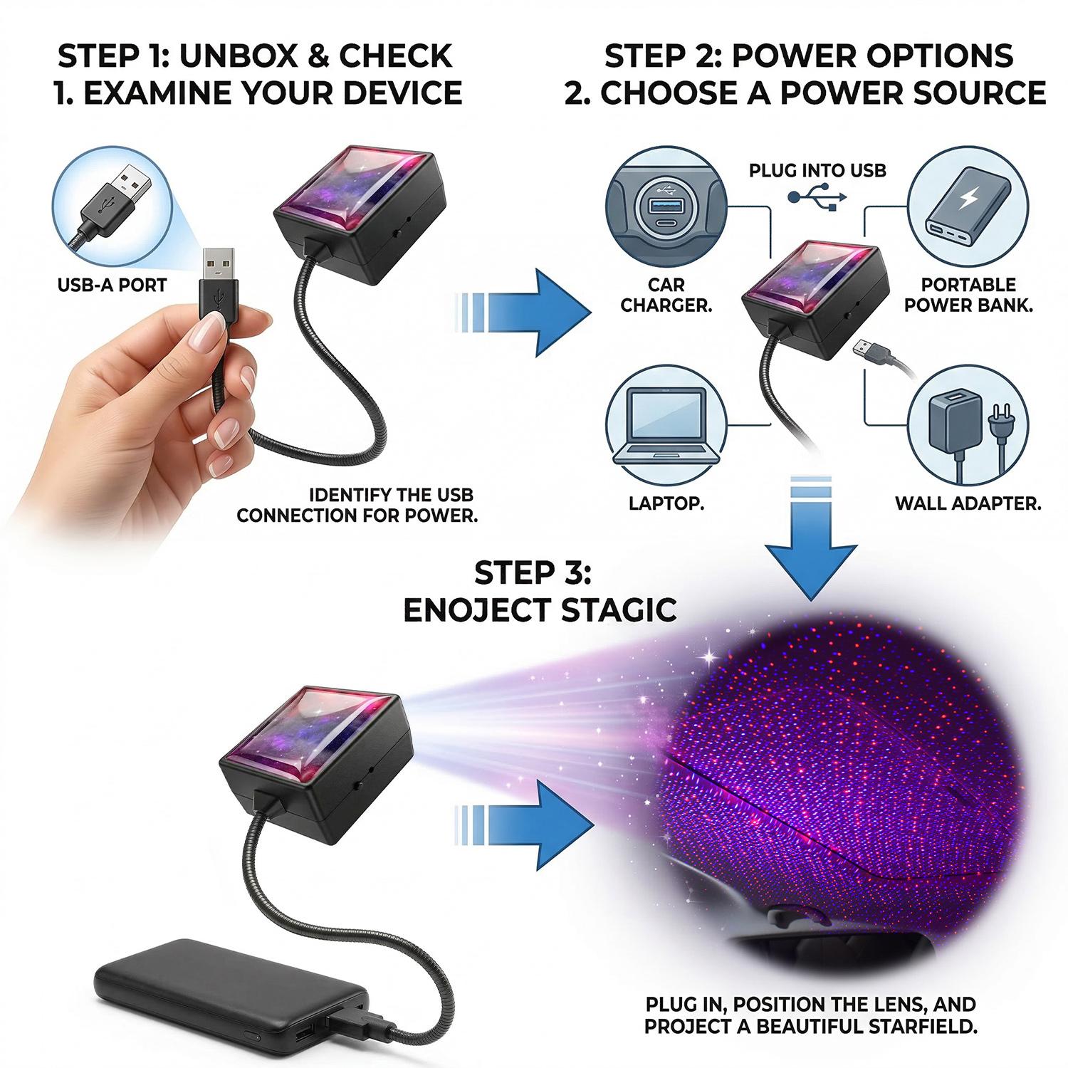 EMPTAN USB Car Roof Star Projector Night Light, Portable Adjustable LED Car Interior Light Plug and Play Romantic Starry Car Roof Star Lights Decor for Home Bedroom Party