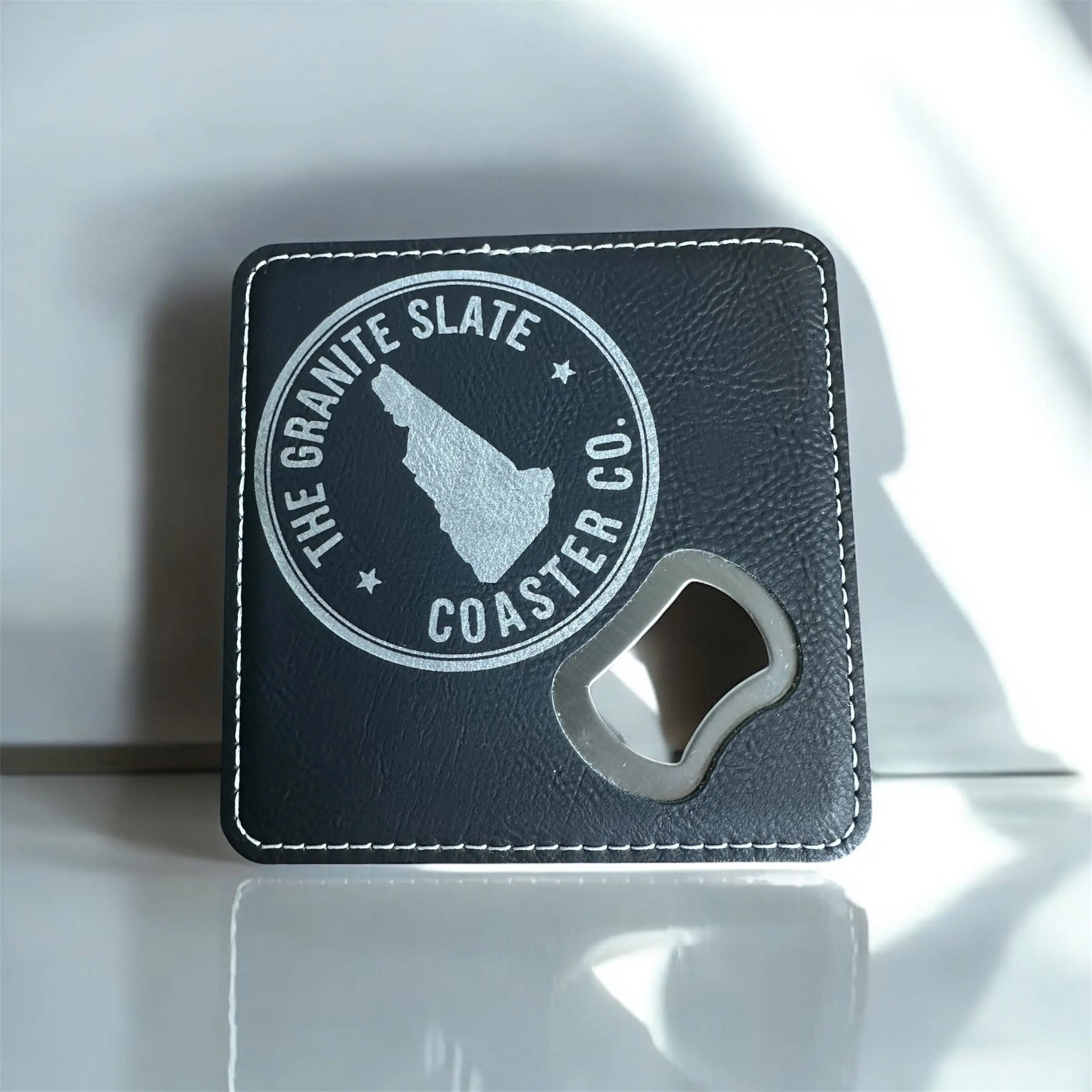 Custom Engraved 4” Leatherette Coasters with Built-In Bottle Openers – Set of 4