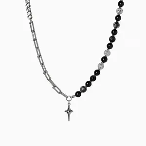 Urban Punk Bead Chain Necklace with Cross Pendant | Gothic Streetwear Y2K Jewelry