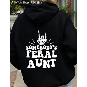 Women's Fashion Hoodie – Short Sleeve, Vintage Letter and Skeleton Hand Design for Daily Use