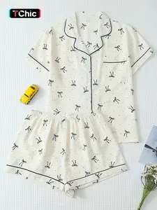 Women's Sleepwear Set Pajama Mini Dot Bow Print Cute Sweet Lapel Short Sleeve Top and Shorts Casual Home Wear, Fitted Striped Pattern, Womenswear, Feminine, Lady