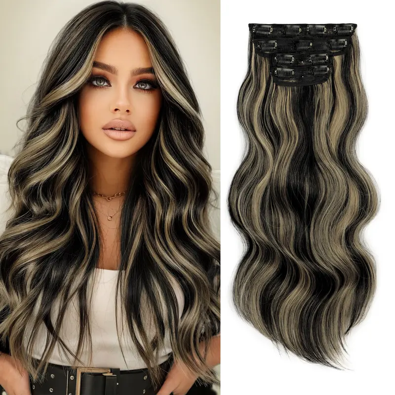 HIUSVO Clip in Hair Extensions, 4 PCS 20 Inch Natural & Soft Hair & Blends Well Hair Extensions, Long Synthetic Hairpieces