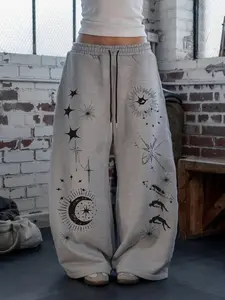 Women's Drawstring Leggings, Elastic Waist Design, Star Moon Pattern Print, Casual All Season Wide Leg Pants, Trouser, Comfortable and Stylish, Daily Wear, Womenswear
