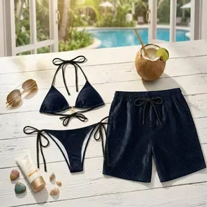 Summer 2026 Luxe Navy Velvet Couple Matching Swim Set | Sexy Halter Bikini + Board Shorts | Viral TikTok Summer Couple Goals