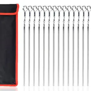14 Inch/15.9 Inch 15 Pcs Stainless Steel BBQ Skewers, Reusable Flat Metal Skewers with Ring Handle, Portable Storage Bag Included