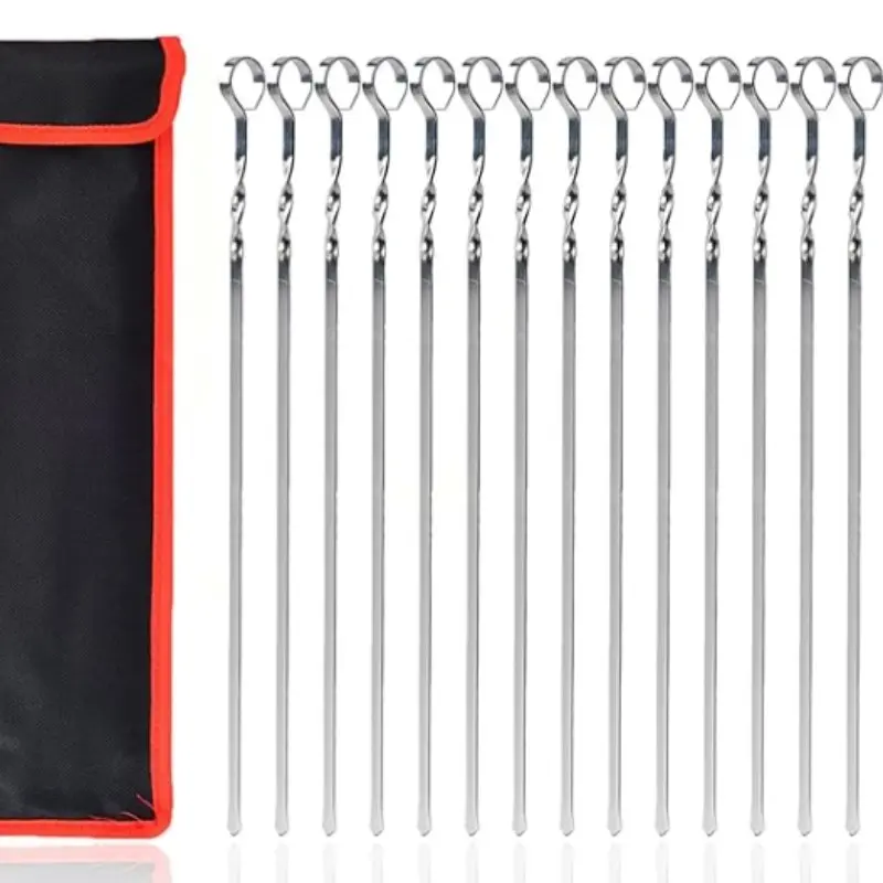 14 Inch/15.9 Inch 15 Pcs Stainless Steel BBQ Skewers, Skewers for Grilling, Reusable Flat Metal Skewers with Ring Handle, Portable Storage Bag Included, Barbecue Utensils