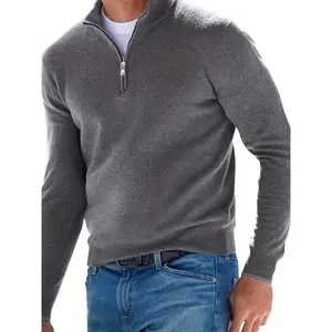 [Cozy polyester sweater] cozy high stretch men's casual stand collar sweater-100% polyester knit fabric, solid color, regular fit, hand wash/dry clean