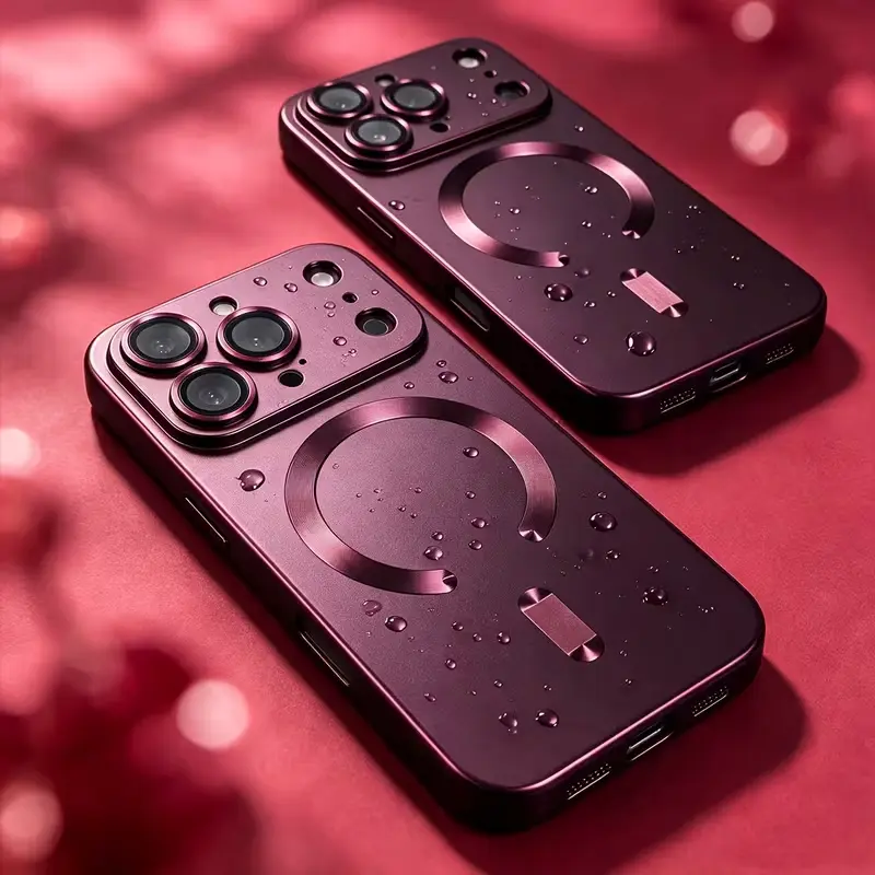 New Cherry Red iPhone 18 Pro Max phone case, luxurious metallic finish magnetic design, equipped with a lens protective film, drop-proof, dustproof, and fingerprint-resistant, compatible with iPhone 18/17/16/15/14 Plus/13 Pro Max, an ideal gift