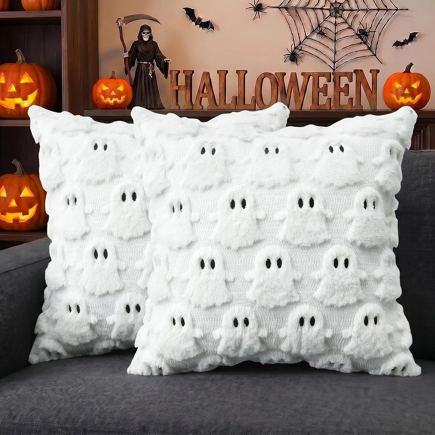 Halloween Ghost White Throw Pillow Cover Set of 2, 18 x 18 Inch Soft Plush Faux Fur Jacquard Spooky Cushion Case Decoration for Sofa Couch