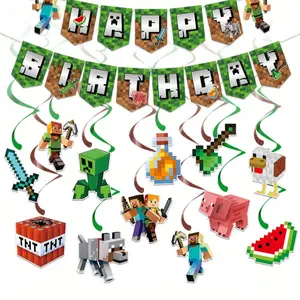 Pixel Art Game Theme Birthday Party Banner Set, Spiral Hanging Decorations, Wall & Background Decoration, Holiday Party Supplies