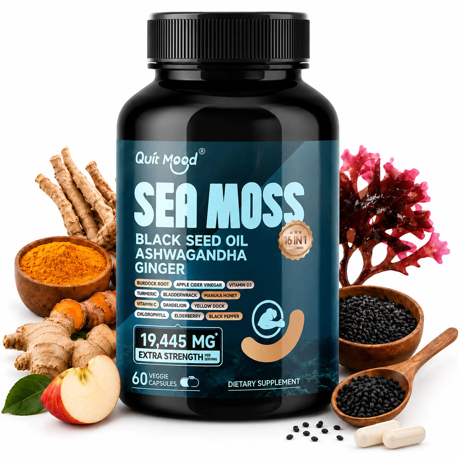 All-in-One Sea Moss & Black Seed Oil Capsules with Ashwagandha (60 Count) - Premium Immune, Energy & Daily Detox Support - 1, 2, or 3 Bottle Value Packs, Dietary, Supplement