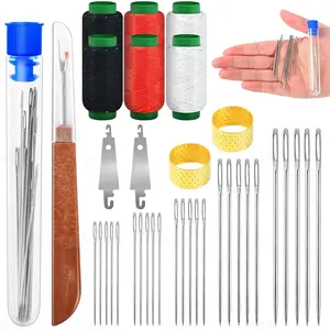 37 count Big Eye Steel Sewing  Set,Stainless Steel  for Hand Sewing Kit with Thread Ripper, Threaders, Threads and Thimbles,Punch  Kit Repair Tools for Beginners & Daily Use