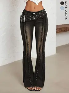 Women's low waisted bell bottom pants with large sun logo buttons and perforated waistband, comfortable stretch denim jeans, patch tassel washed retro pants, casual denim pants for daily wear