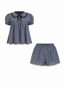 Cider 100% Cotton Gingham Peter Pan Collar Oversized Top & Mid Rise Lace Trim Straight Leg Shorts Set