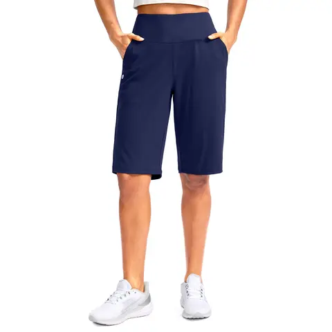 G Gradual Women's 12" High Waist Bermuda Sports Shorts - 4" Yoga Waist Hold, Breathable High-Stretch Fabric, Lightweight Elastic, 3-Pocket Design, Athleisure Casual Summer Walking Active Shorts