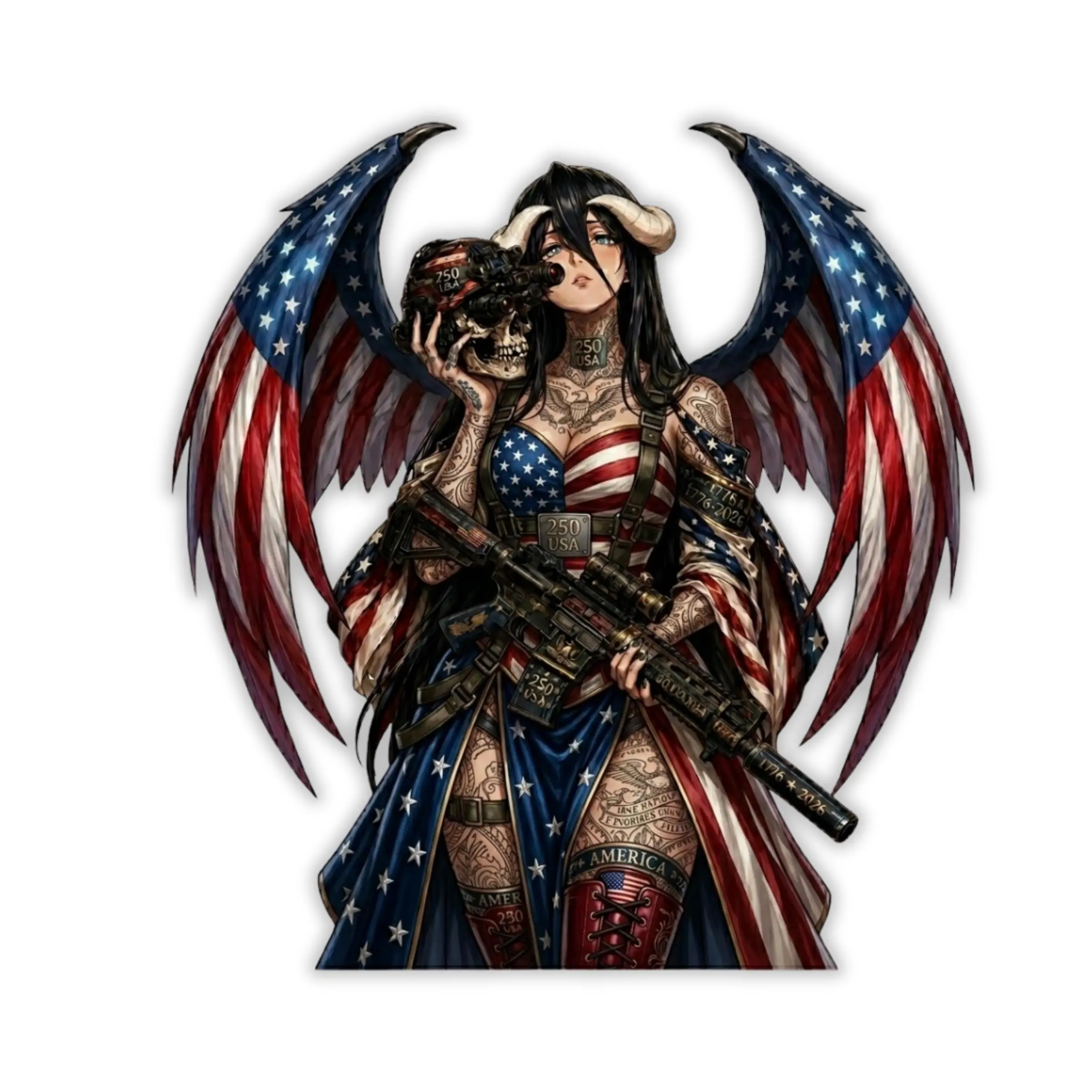 Albedo Patriotic Winged Anime Girl Sticker, America 250 USA Flag Fantasy Tactical Vinyl Decal