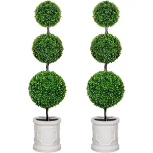 4FT/3FT Artificial Triple Ball Topiary Trees with Roman Style Vintage White Planter Pot, Outdoor Indoor Realistic Faux Shrubs Plants, Fake Trees for Home Offices Porch Decor, Set of 2