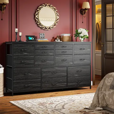 Raybee Modern Wood Storage Dresser - 51.1" W x 11.8" D x 34.8" H, 16-Drawer Bedroom Dresser, Modern Storage Cabinet Fits 55-65" TV Setups, Charging Station-Equipped Sideboard, Apartment Furniture with Adjustable Feet