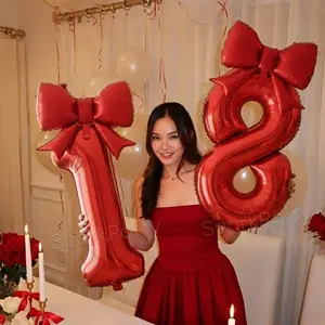 2pcs/set Birthday Party Balloon Decoration, 32inch Number Balloons 0-9, 21inch Matte Bow Balloons for Birthdays & Anniversaries, Balloon Arch
