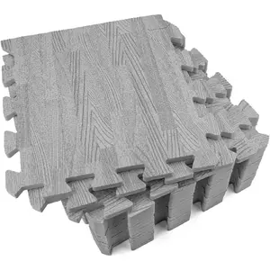 16 Pieces Printed Wood Grain Interlocking Floor Tiles 3/8-Inch Thick EVA Foam Grey Puzzle Floor Mat