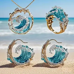 Holiday Style Creative Fashion Sky Blue Wave Resin Decorative Necklace Wave Versatile Ring,summerwins